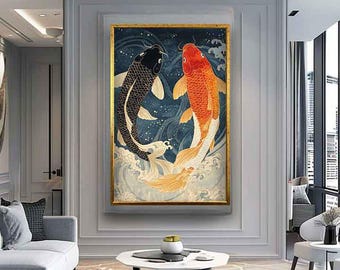 鯉の日本アートプリント、鯉の絵画、鯉のキャンバス、鯉のウォール