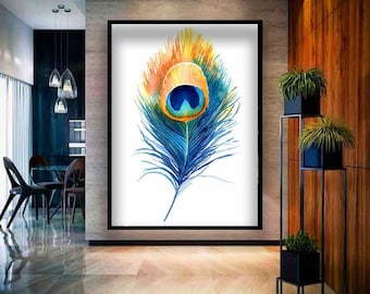 Peacock feather art print, Peacock feather canvas, Peacock feather painting, Peacock feather wall art, Peacock feather digital print