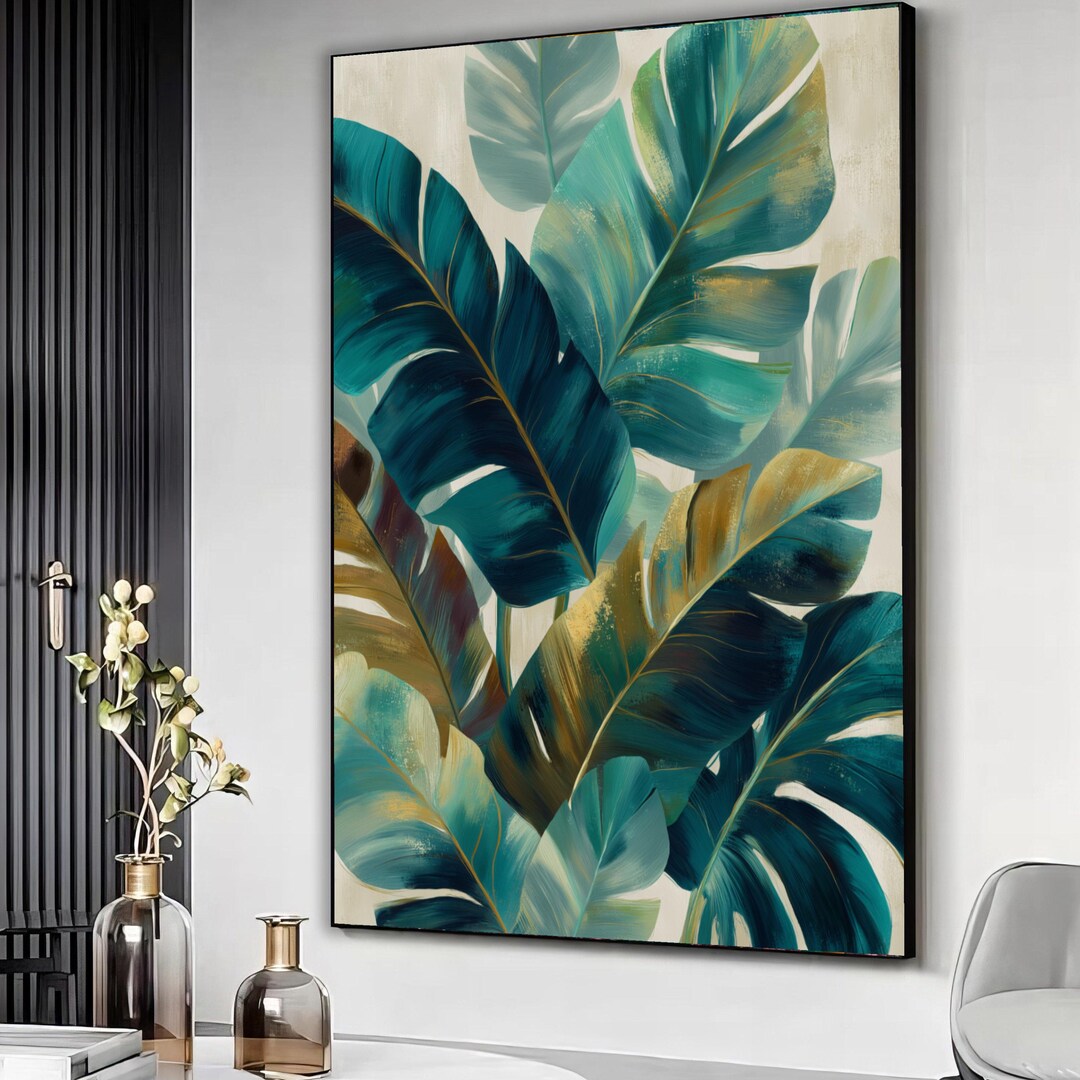 Tropical Banana Leaves Canvas Wall Art, Teal and Gold Botanical Print ...