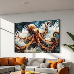 Octopus canvas print, Octopus canvas art, Octopus wall hanging, Octopus wall decor, Sea animal painting, Ocean art poster, Animal lover art