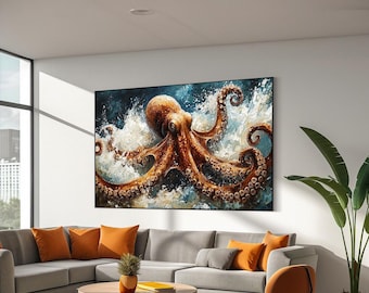 Octopus canvas print, Octopus canvas art, Octopus wall hanging, Octopus wall decor, Sea animal painting, Ocean art poster, Animal lover art