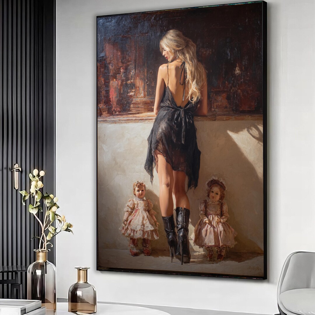 Elegant Woman in Black Dress With Vintage Dolls Canvas, Figurative Art ...
