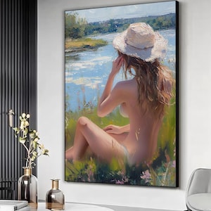Affiche d'art femme élégante, impression paysage femme rivière, peinture à l'huile femme, art mural femme nature, suspension murale femme, décoration murale maison