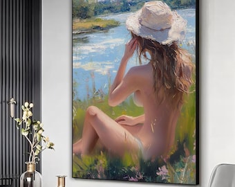 Elegant woman art poster, Woman river scenery print, Woman oil painting, Woman nature wall art, Woman wall hanging, Home wall decor