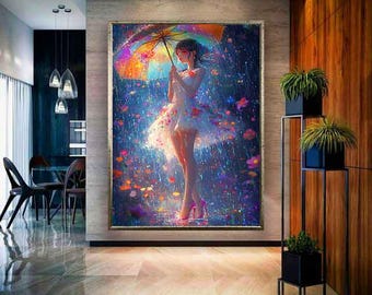 Beautiful woman art, Beautiful woman canvas, Woman umbrella art, Woman colorful umbrella painting, Woman art print, Woman wall art