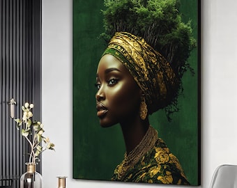 Surreal nature inspired green african woman art print, Green african woman canvas, Surreal wall art, Woman poster, Woman wall decor