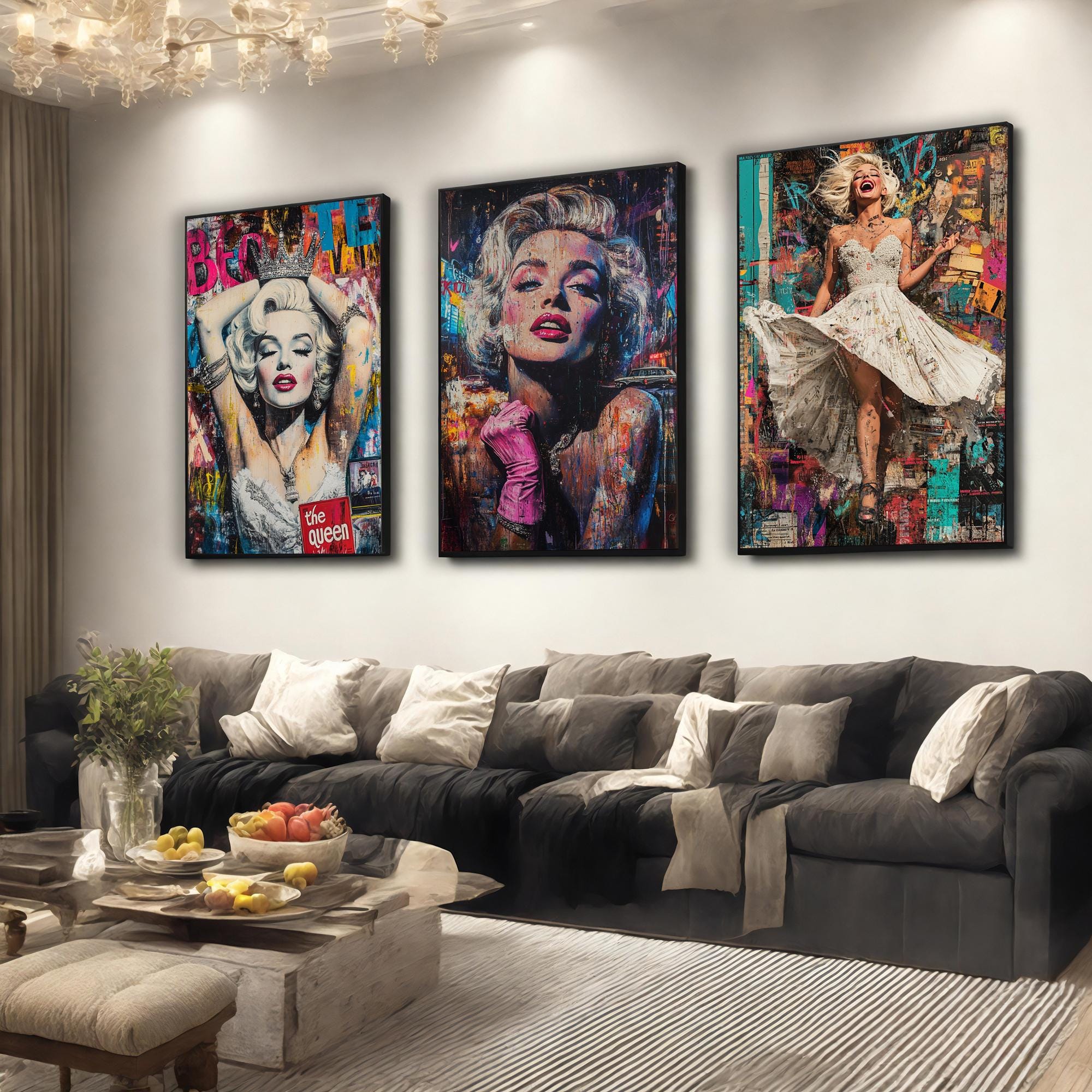 Marilyn Monroe Pop Art Set of 3 Canvas Prints, Modern Marilyn