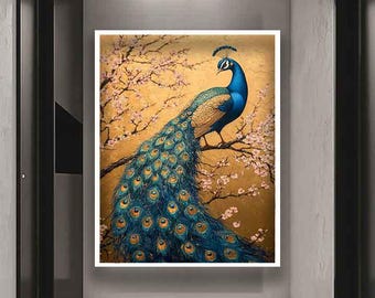 Colorful peacock canvas, Sakura trees peacock print, Flowers peacock wall art, Peacock art, Peacock painting, Animal canvas, Animal painting