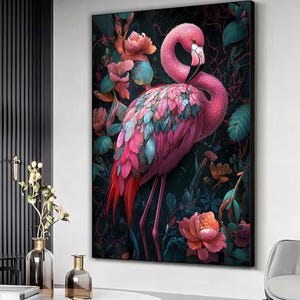 Flamingo flowers canvas print, Colorful flamingo poster, Flamingo painting, Flamingo wall art, Animal art print, Ready to hang framed canvas