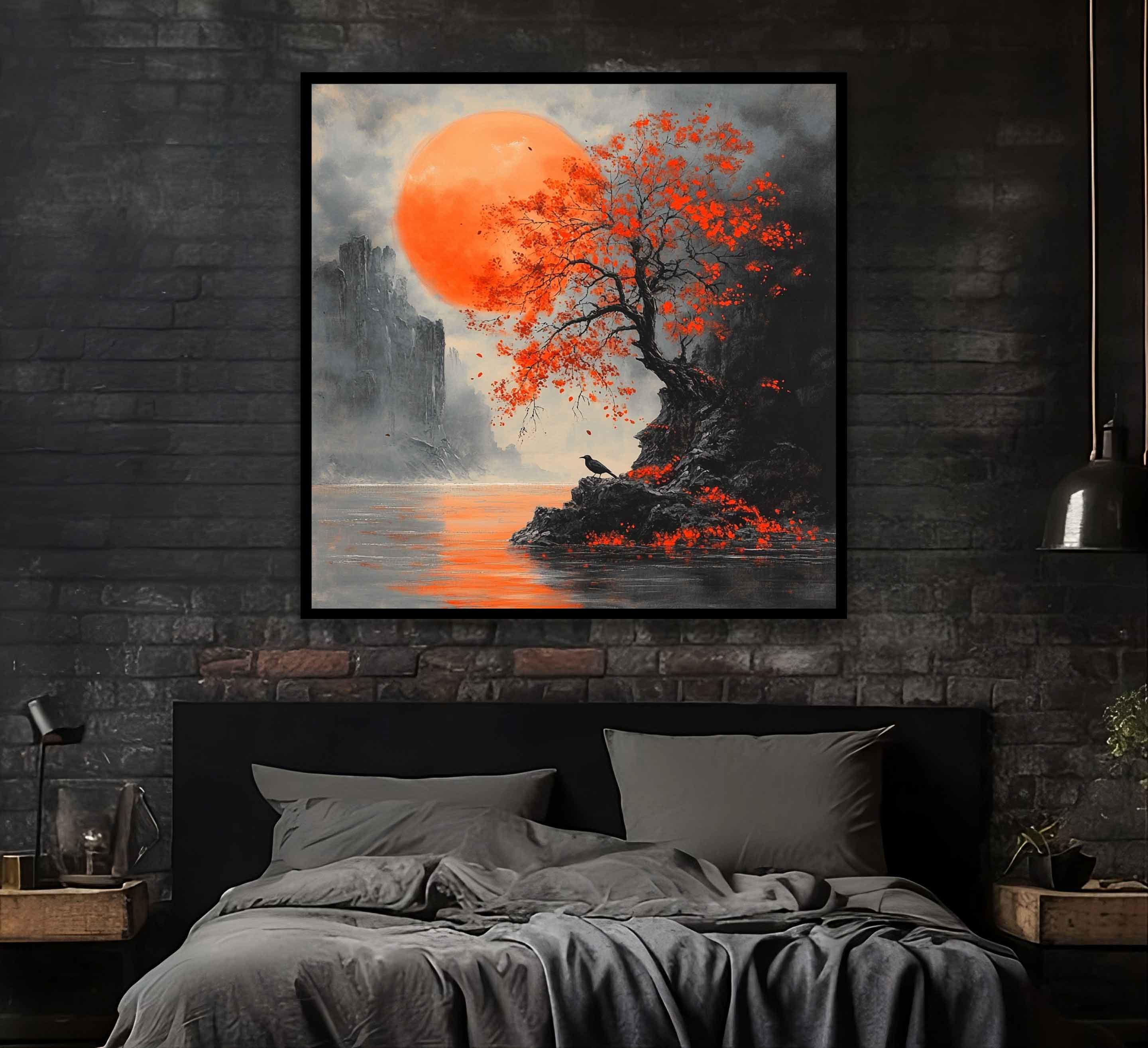 Japanese Red Maple Tree Scenery Art, Red Maple Tree Canvas, Full