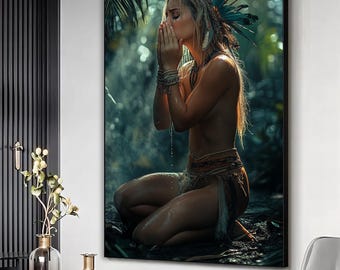 Indigenous woman art print, Woman in forest tribal wall art, Ethnic woman canvas, Native woman in nature poster, Ready to hang framed canvas