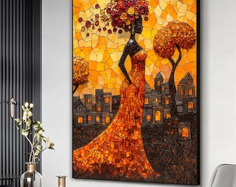 African woman abstract artwork, Cultural african village canvas print, Traditional wall art, Heritage art, Unique gift, Abstract home decor