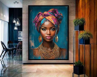 African woman wall canvas, Colorful African woman wall art, Blue african woman canvas, Black woman painting, Woman art, Woman canvas