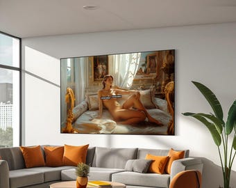 Beautiful woman laying on couch art poster, Ancient greek woman canvas art, Woman wall art, Home wall decor, Ready to hang framed canvas