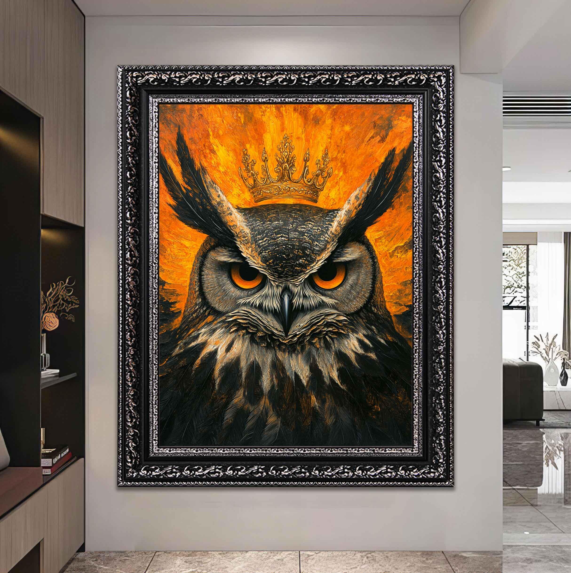 【定価15万円】べっ甲フクロウの装飾アート　値下げ可 冠フクロウの金色の額入りキャンバスウォールアート、黒と金の動物