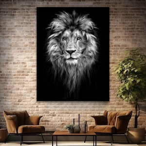 Lion black and white art, Black and white lion painting, Lion canvas print, Lion wall art, Lion wall decor, Animal art,Animal canvas