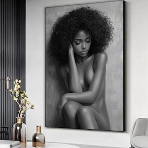 Black and white woman canvas print, Black afro american woman poster, Woman home decor, Black Woman wall art, Ready to hang framed canvas