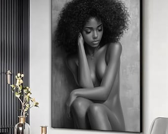 Black and white woman canvas print, Black afro american woman poster, Woman home decor, Black Woman wall art, Ready to hang framed canvas