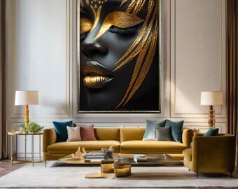 African woman gold art print, Gold african woman canvas, African woman painting, Woman art, Gold lip woman print, Black woman gold art