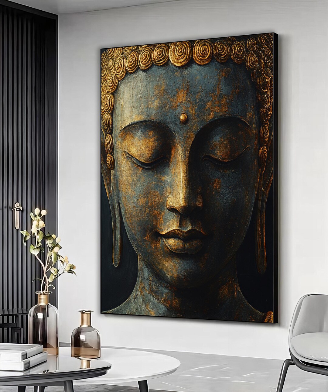 Minimalist Buddha Canvas Art, Zen Wall Decor, Gold & Gray Meditation ...