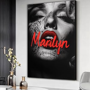Opera d&#39;arte in bianco e nero di Marilyn Monroe con toni rossi, opera d&#39;arte murale di donna con labbra rosse, stampa artistica di Marilyn Monroe, decorazione murale di donna, pronta da appendere