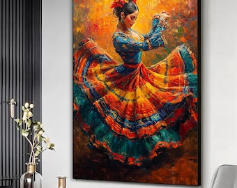 Dancer woman in traditional clothing canvas art print, Colorful vibrant dancer painting, Woman wall art, Home wall decor, Ready to hang