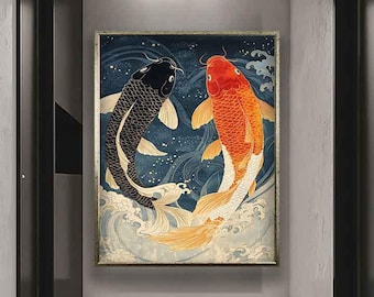 Koi fish japanase art print, Koi fishes painting, Koi fishes canvas, Koi fish wall art, Japanese painting, Animal art, Animal painting