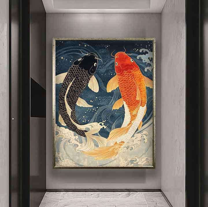 鯉の日本アートプリント、鯉の絵画、鯉のキャンバス、鯉のウォール