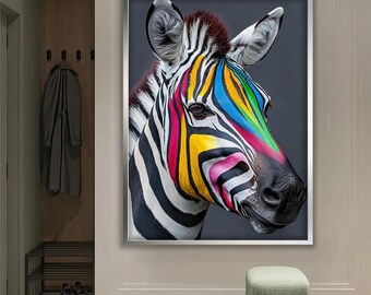 カラフルなシマウマのアート、カラフルなシマウマのキャンバスプリント