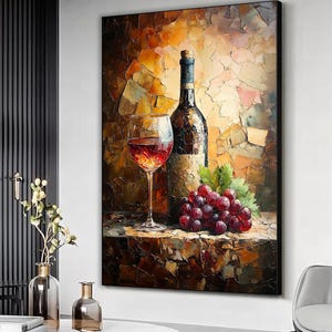 Weinflasche Kunst, Weinglas Wandkunst, Wein Leinwanddruck im Stil der Ölmalerei, Weinwandkunst, Traubendruck, fertig zum Aufhängen