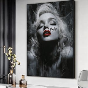 Quadro in bianco e nero di Marilyn Monroe pronto da appendere, quadro su tela con labbra rosse di Marilyn Monroe, decorazione da parete con donna, stampa di Marilyn Monroe