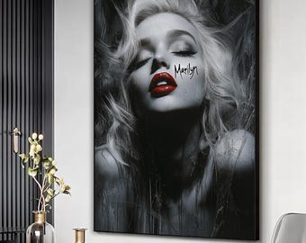 マリリン モンロー ウォール アート - 赤い唇をした白黒のマリリン