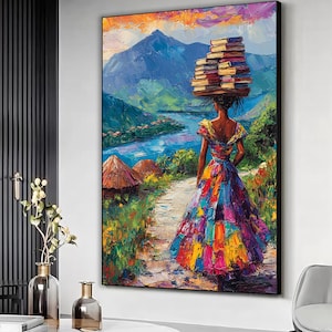 African woman carrying books canvas print, African woman artwork, Black woman wall art, Woman painting, African art, African wall decor