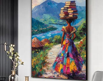African woman carrying books canvas print, African woman artwork, Black woman wall art, Woman painting, African art, African wall decor