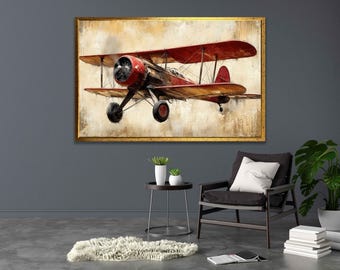 Vintage red biplane canvas art, Oil painting style art print, Aircraft Art, Vintage Plane, Pilot Gift, Aviation Decor, Plane Wall Art