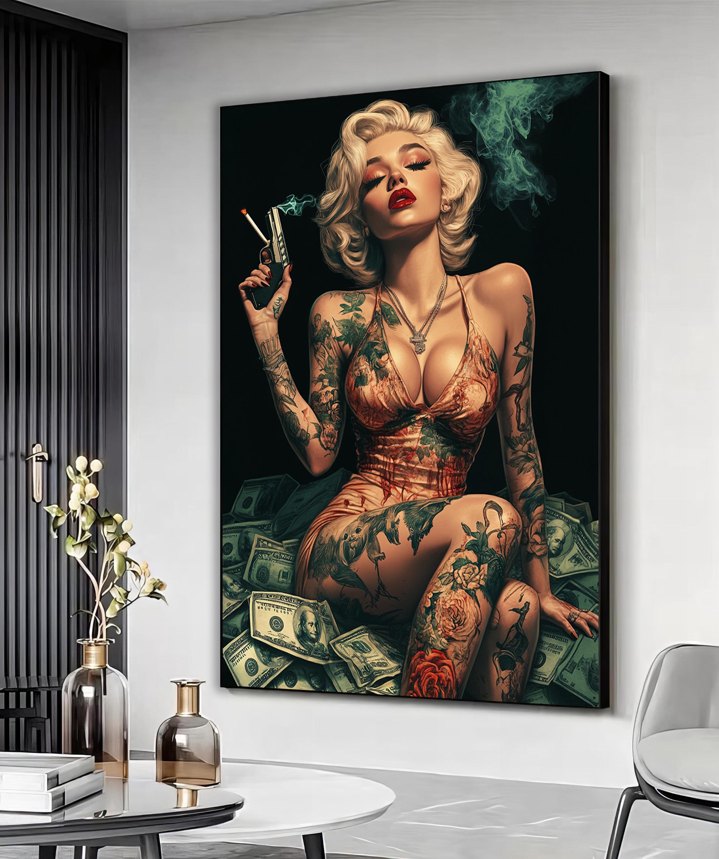 Marilyn Monroe smoking and holding gun canvas print, Vibrant Marilyn monroe Canvas Wall Decor, Smoking woman art,Woman holding gun painting,