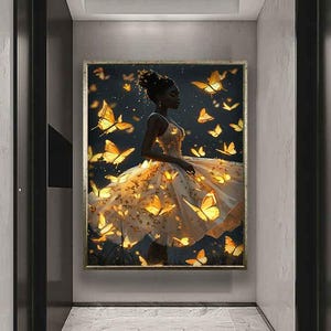 Black ballerina canvas, White dress ballerina digital print, Butterflies ballerina wall art, Ballerina art, Woman painting, Woman art