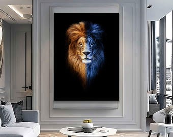 Löwe Gelb und Blau Kunst, Gelber Löwe Malerei, Blauer Löwe Leinwanddruck, Löwe Wandkunst, Löwe Wanddekor, Tierkunst, Tierleinwand