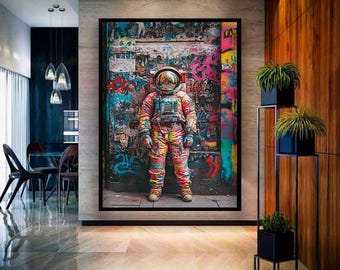 Colorful Astronaut grafitti canvas, Grafitti astronaut painting, Grafitti wall art, Framed Astronaut canvas, Astronaut canvas print
