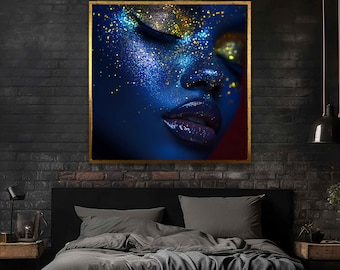 Blue painted woman art, Blue makeup woman canvas, Blue woman paininting, Blue woman art print, woman wall art, woman wall decor, Woman art