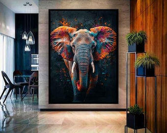 カラフルな象のオリジナル水彩画 レインボー象 風水 野生動物 動物