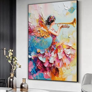 Colorful woman playing trumpet art print, Angelic woman oil painting, Woman with wings wall art, Musical instrument art, Music lover gift