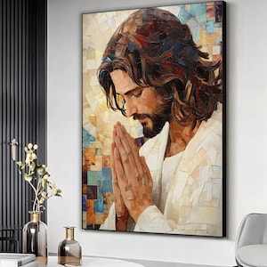 Praying jesus religious canvas artwork, Jesus art print, Jesus faith painting, Abstract jesus wall art, Modern christian art,Home wall decor
