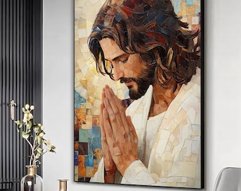 Praying jesus religious canvas artwork, Jesus art print, Jesus faith painting, Abstract jesus wall art, Modern christian art,Home wall decor