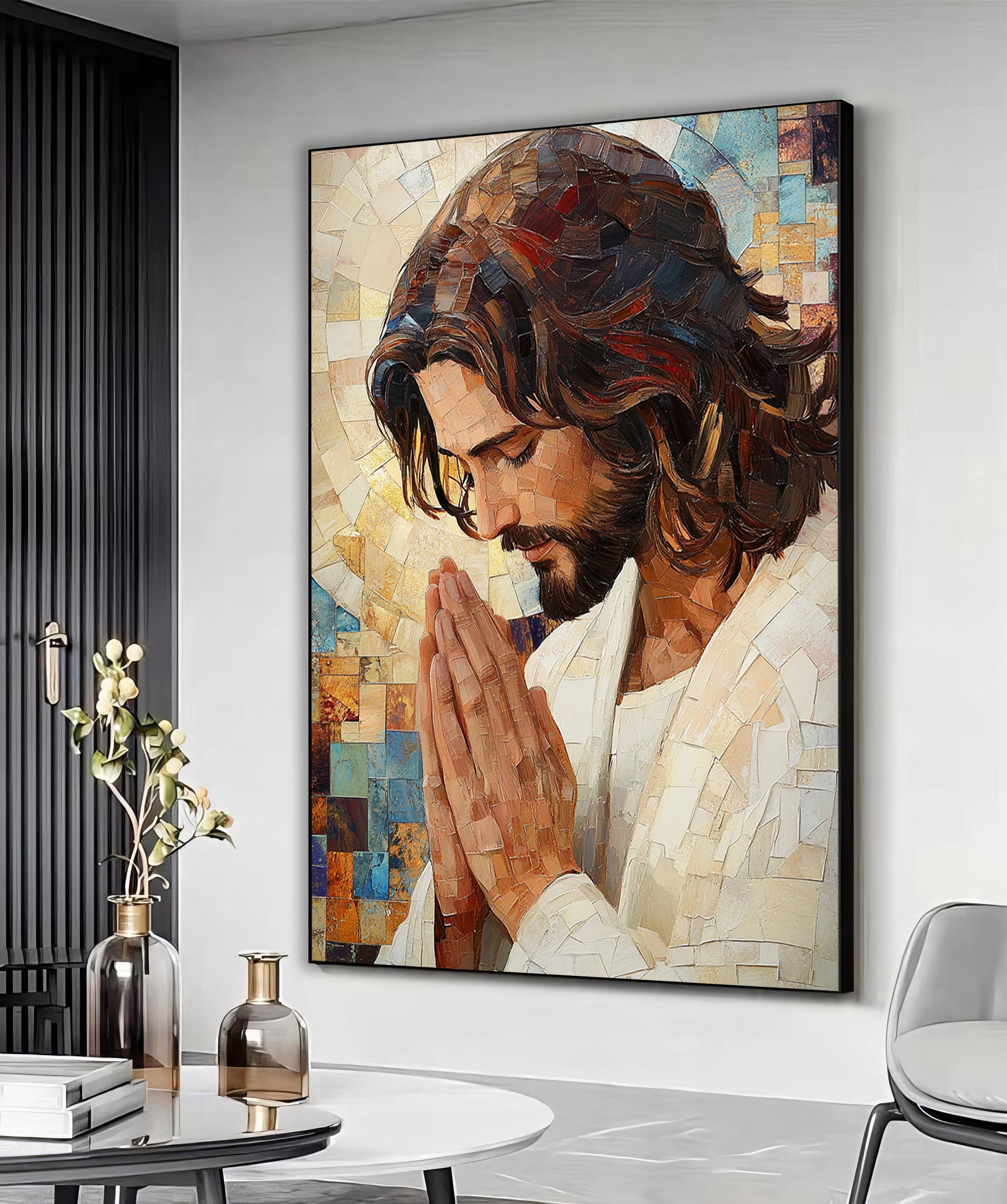 祈るイエスの宗教的なキャンバスアート、イエスのアートプリント、イエスの信仰の絵画、抽象的なイエスの壁アート、現代のキリスト教アート、家の壁の装飾 -  Etsy 日本 CGXLB イエス ウォールアート 宗教絵画 キリスト インスピレーション キャンバスプリント 絵 神聖な ..., image size:2511x3000