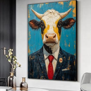 Obra de arte de una vaca con traje, pintura de una vaca con esmoquin, impresión en lienzo de una vaca, arte mural de animales de granja, póster de animales, decoración de pared, listo para colgar