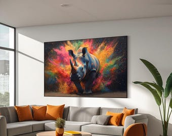 Rhino colorful splatter artwork, Rainbow rhino canvas art print, Rhino wall art, Rhino poster, Animal art, Animal lover gift, Ready to hang