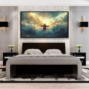 Jesus walking on the sea wall art, Jesus sea waves canvas, Jesus walking inside waves painting, Jesus on the oceon art, Christianity canvas