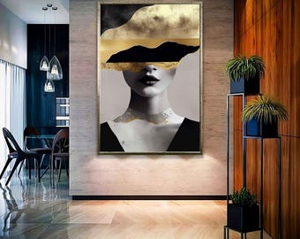 May include: Abstract art print featuring a woman's face with gold and black accents. The woman's eyes are covered by a black and gold geometric shape.