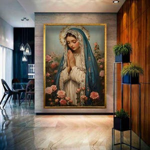 Maria canvasafdruk, de moeder van Jezus schilderij, Mary Roses art print, Mary Roses kunst aan de muur, schilderij christendom, canvas christendom